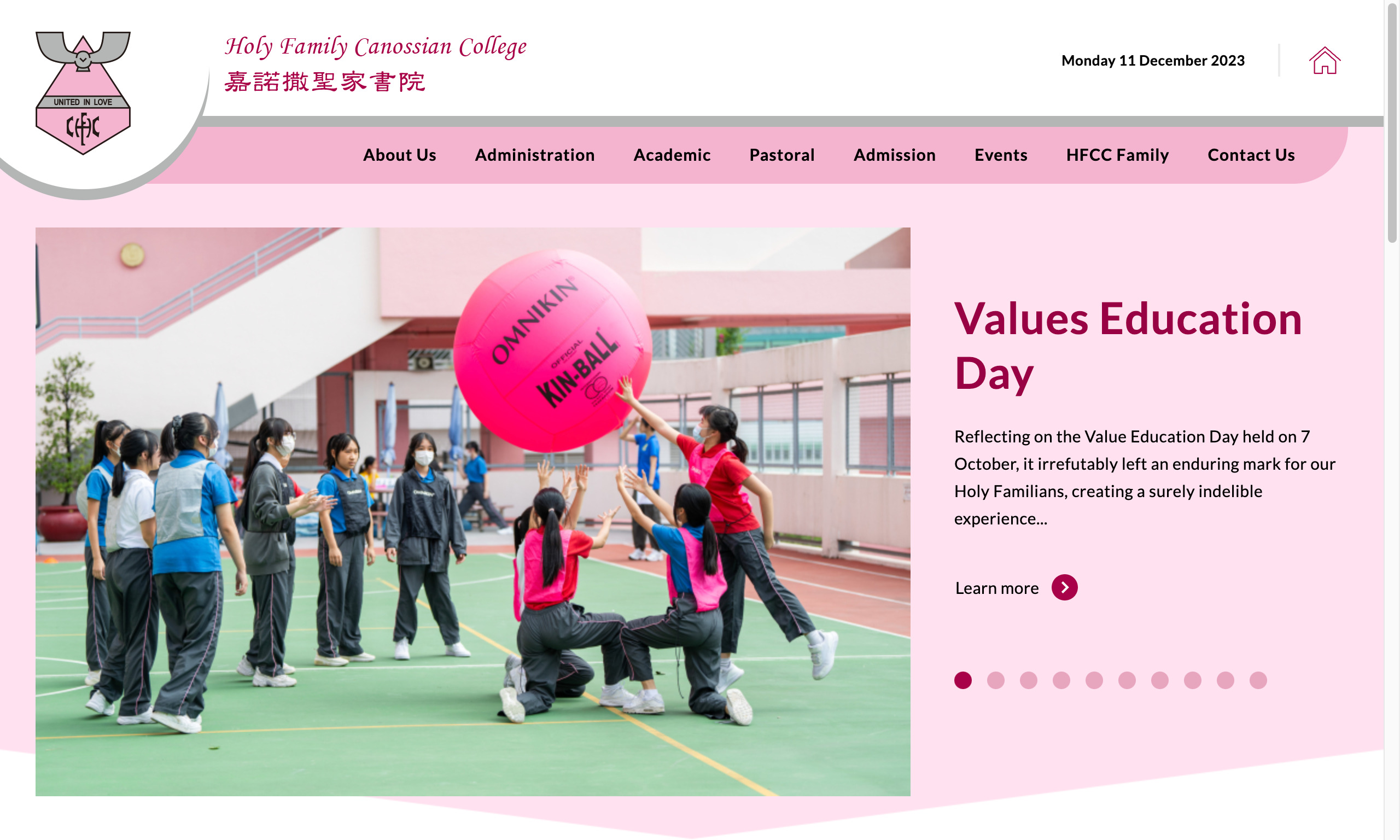 Screenshot of the Home Page of Holy Family Canossian College