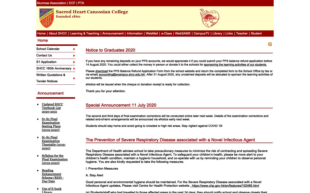 Screenshot of the Home Page of Sacred Heart Canossian College