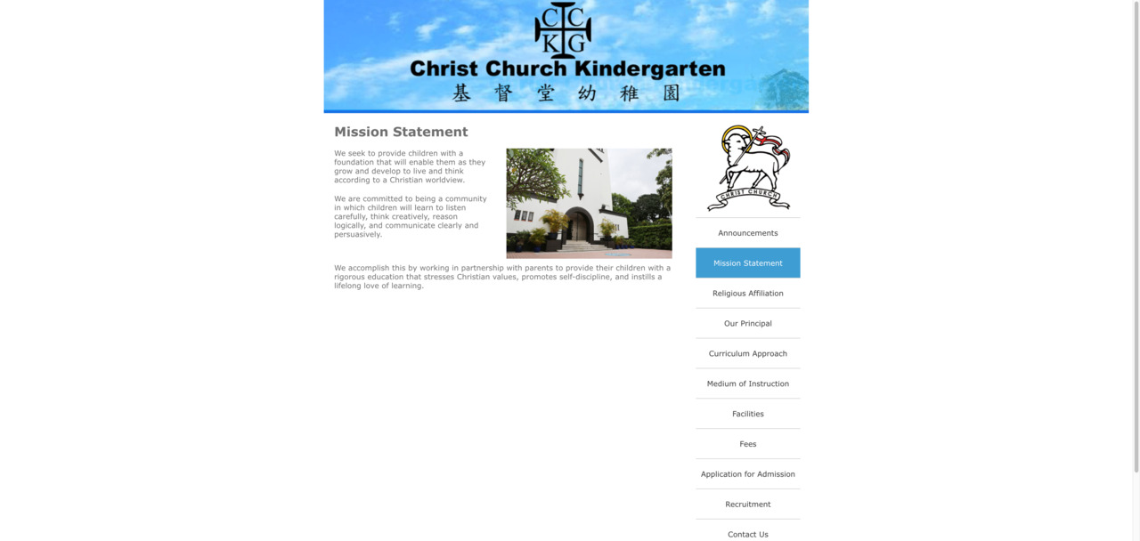 Screenshot of the Home Page of CHRIST CHURCH KINDERGARTEN
