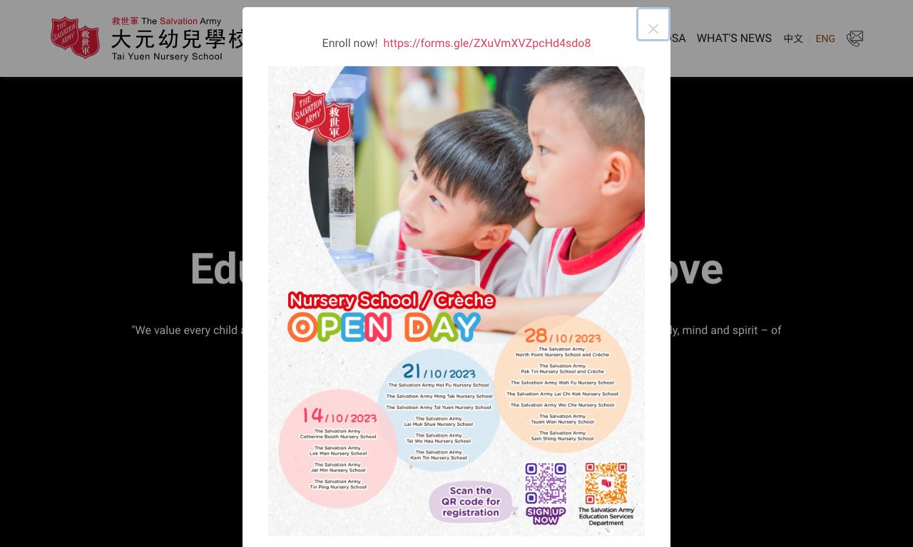 Screenshot of the Home Page of THE SALVATION ARMY TAI YUEN NURSERY SCHOOL