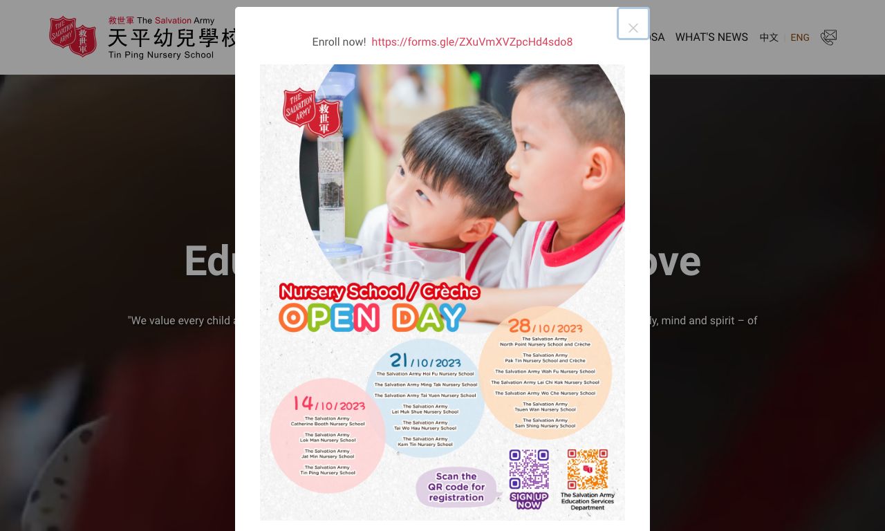 Screenshot of the Home Page of THE SALVATION ARMY TIN PING NURSERY SCHOOL