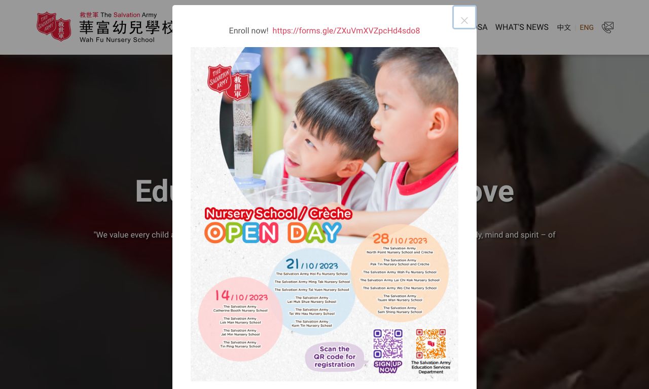 Screenshot of the Home Page of THE SALVATION ARMY WAH FU NURSERY SCHOOL