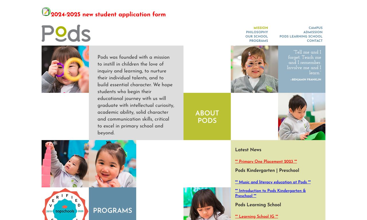 Screenshot of the Home Page of PODS KINDERGARTEN